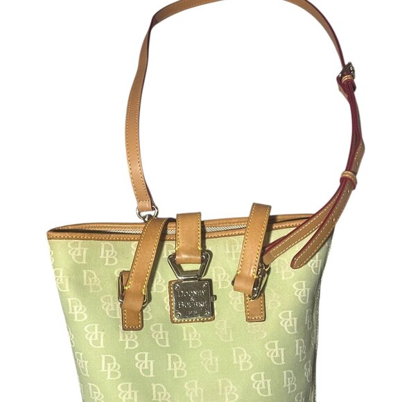 Dooney & Bourke Light Green Monogram Canvas Bucket Tote Bag With Leather Trim - Picture 12 of 16
